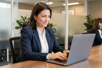 Femme professionnelle rédigeant un e-mail de conclusion soigné sur son ordinateur portable dans un bureau moderne