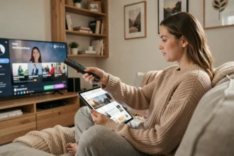 Jeune femme cherchant une série sur une interface de streaming depuis son canapé avec une tablette et une télécommande