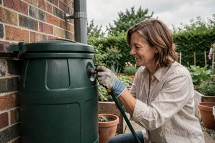 Femme jardinière raccordant un tuyau à un récupérateur d'eau de pluie installé contre un mur de briques