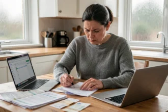 Femme consultant ses relevés bancaires à la table de cuisine, préoccupée par les frais cachés sur ses dépenses mensuelles