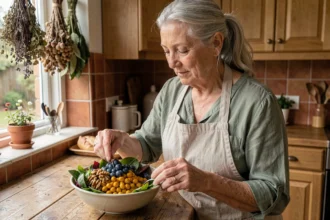 Femme senior préparant une salade anti-inflammatoire avec des myrtilles, noix et pois chiches au curcuma dans une cuisine rustique