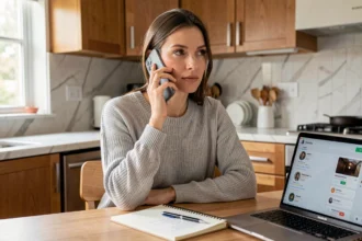 Femme préparant son dossier de réclamation Uber Eats au téléphone avec un bloc-notes et un ordinateur portable sur la table de cuisine