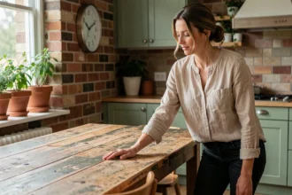 Femme touchant une table en bois recyclé dans une cuisine scandinave aux tons naturels et chaleureux