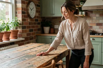 Femme touchant une table en bois recyclé dans une cuisine scandinave aux tons naturels et chaleureux