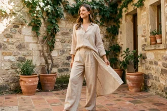 Femme en tenue lin beige dans une cour provençale ensoleillée, tendance mode estivale