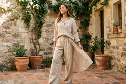 Femme en tenue lin beige dans une cour provençale ensoleillée, tendance mode estivale