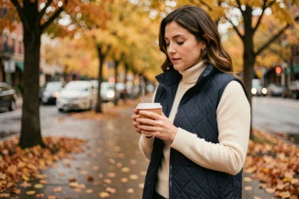 Femme portant une veste matelassée bleu marine par un matin d'automne en ville, tenant un café chaud entourée de feuilles dorées
