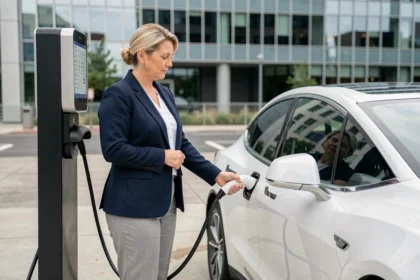Femme en blazer marine branchant un véhicule électrique blanc à une borne de recharge urbaine