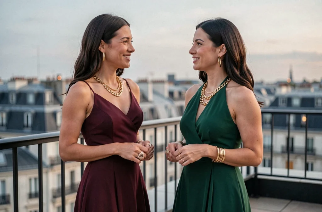 Deux femmes en tenues de soirée élégantes portant des bijoux dorés sur une terrasse parisienne