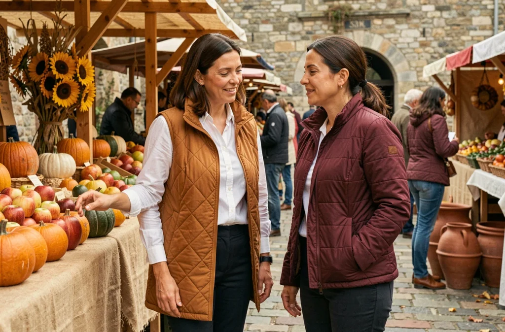 Deux femmes portant des vestes matelassées dans des coloris automnaux lors d'un marché de plein air le week-end