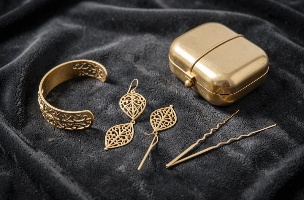 Flat lay d'accessoires dorés de soirée sur velours anthracite — bracelet, boucles d'oreilles et pochette