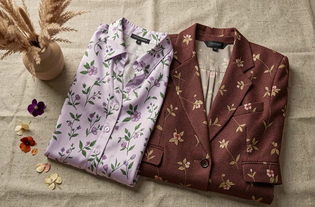 Flat lay éditorial de vêtements à imprimés floraux pour la mi-saison, blouse en soie et blazer brocart sur table en lin