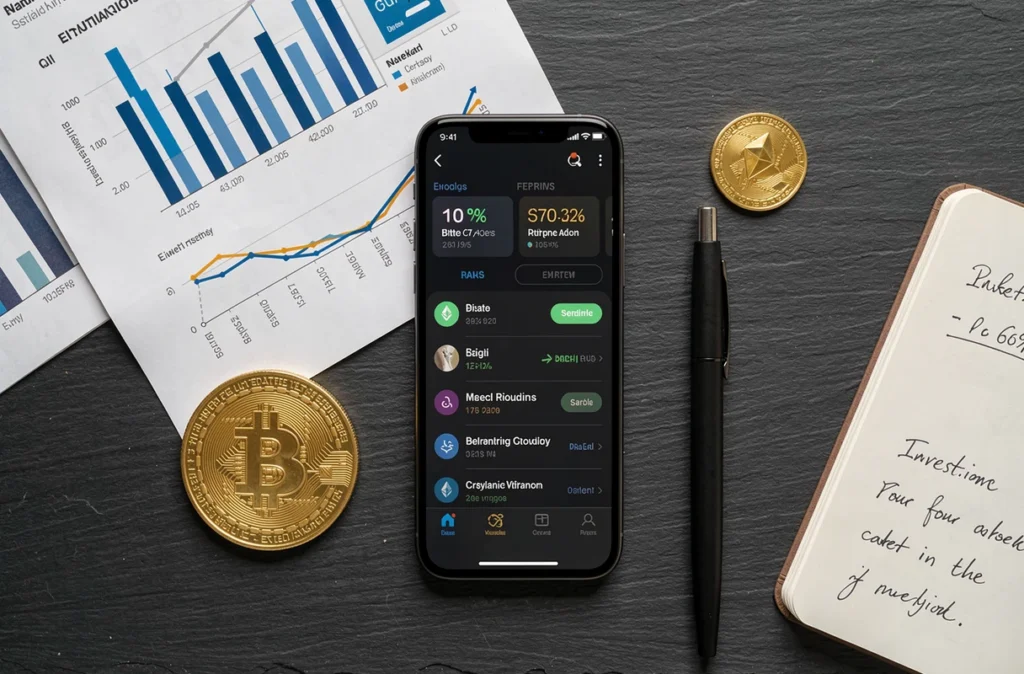 Vue aérienne d'un smartphone affichant un portefeuille de cryptomonnaies, entouré d'un rapport financier imprimé, d'une pièce d'or et de notes manuscrites, représentant la diversification des actifs numériques et traditionnels.