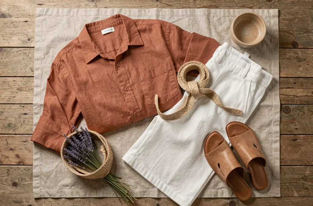 Flat lay de vêtements en lin terracotta et blanc pour un dressing estival tendance