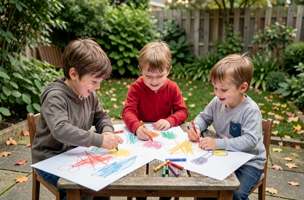 Trois frères et sœurs d'âges différents dessinant ensemble autour d'une table en bois dans un jardin, favorisant l'échange et la créativité