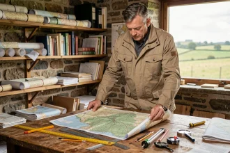 Géographe interprétant une carte topographique pour convertir des hectares en kilomètres carrés dans un bureau de terrain rustique