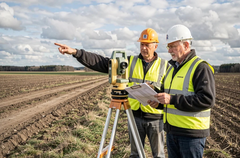 Deux géomètres avec instrument de mesure sur le terrain évaluant la superficie d'un vaste domaine agricole en hectares