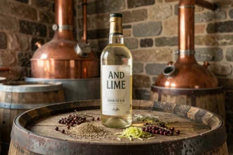 Bouteille de gin écossais And Lime posée sur un tonneau en chêne dans une distillerie traditionnelle entourée de botaniques séchées