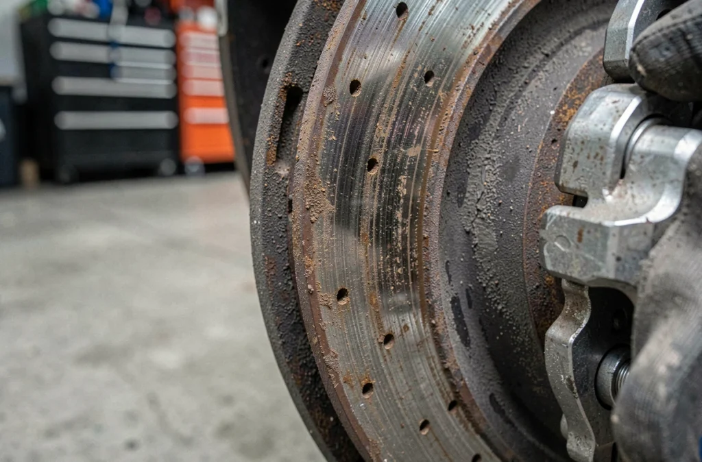 Gros plan sur un disque de frein usé et une plaquette de frein détériorée sur un véhicule