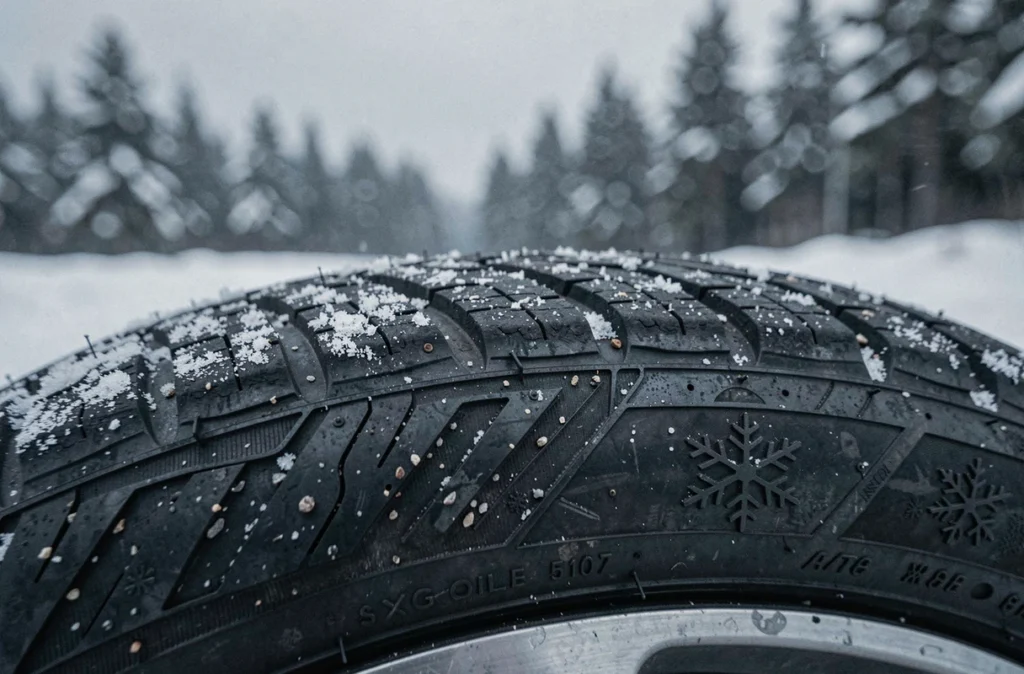 Gros plan sur la bande de roulement d'un pneu quatre saisons avec symbole flocon dans la neige