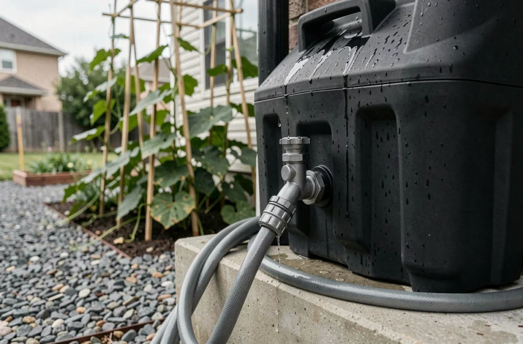 Gros plan sur un réservoir de récupération d'eau de pluie avec tuyau de jardin et gouttelettes visibles sur la surface