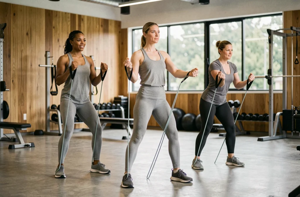 Groupe d'adultes pratiquant des exercices de résistance en salle de sport pour réduire le risque de diabète de type 2 par l'activité physique régulière