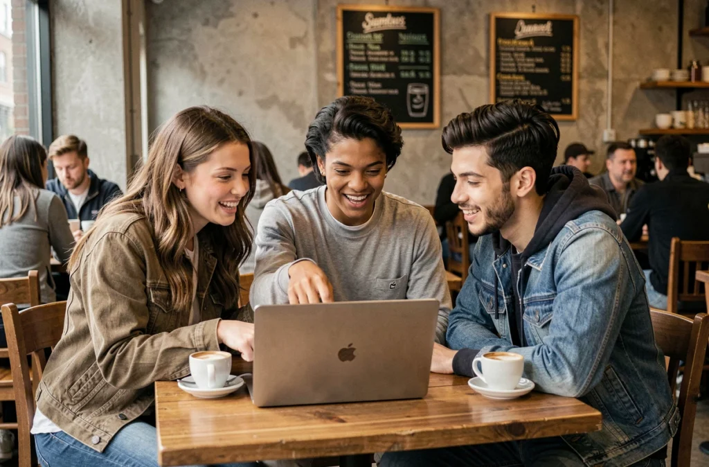 Groupe de jeunes adultes discutant d'investissements en bourse sur un ordinateur portable dans un café