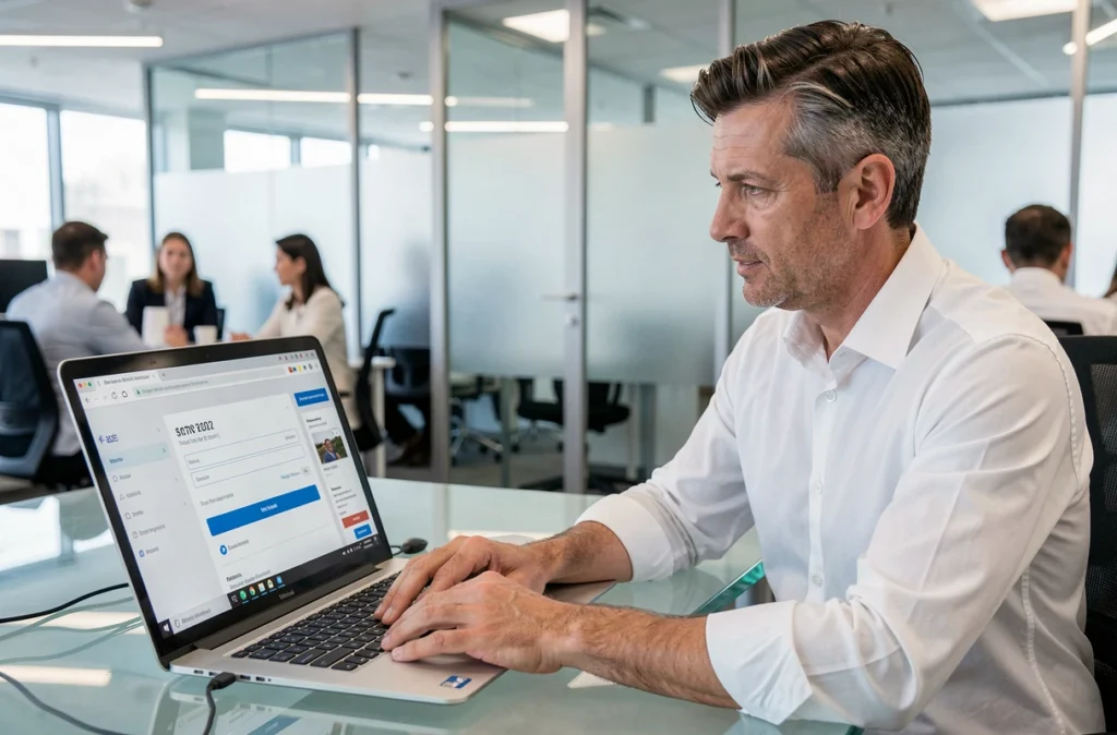 Homme d'affaires effectuant un paiement en ligne avec une carte bancaire virtuelle sur ordinateur portable au bureau
