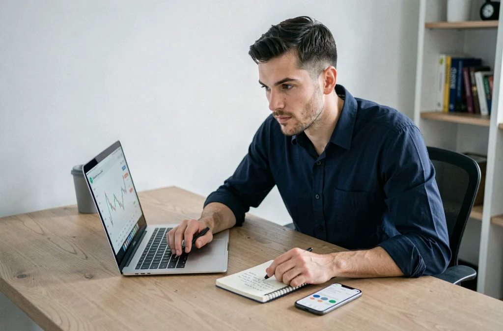 Homme analysant ses finances personnelles avec une application mobile et un ordinateur portable dans un bureau à domicile