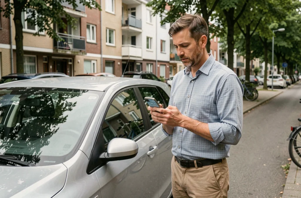 Homme consultant une application de covoiturage sur son smartphone avant de monter dans sa voiture en milieu urbain