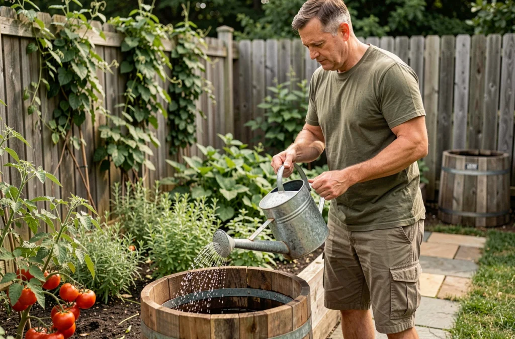 Homme arrosant des plants de tomates avec un arrosoir rempli depuis un tonneau récupérateur de pluie en bois