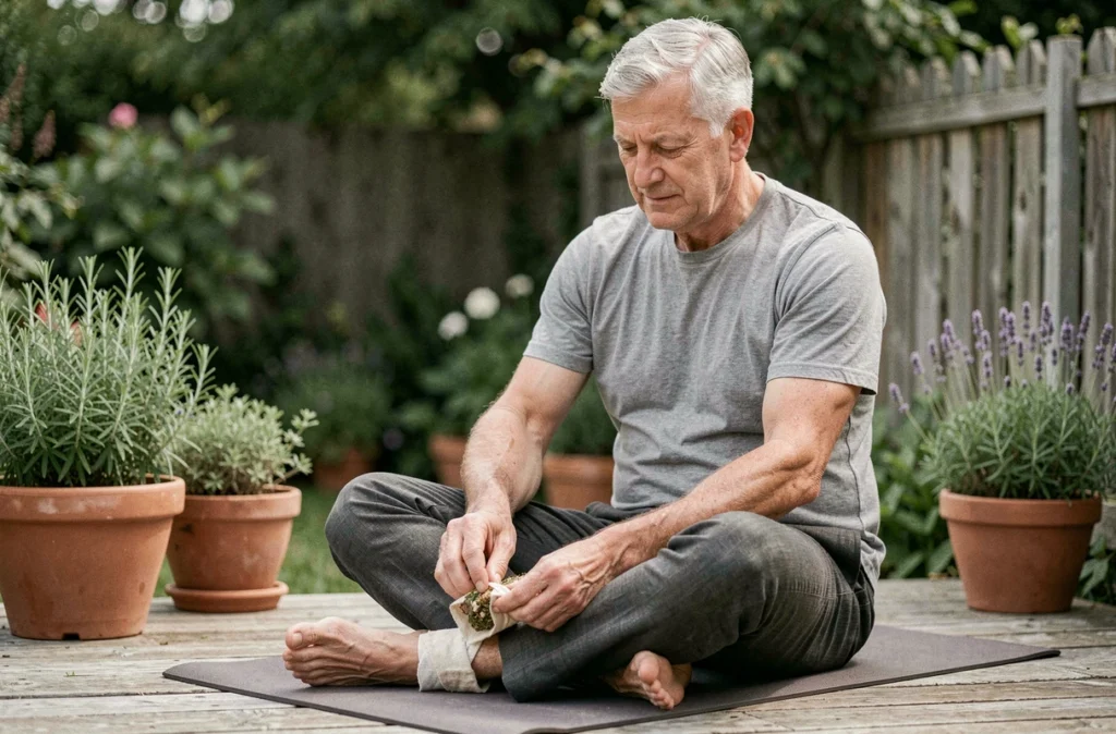 Homme âgé appliquant un cataplasme naturel aux herbes sur sa cheville pour calmer une inflammation articulaire