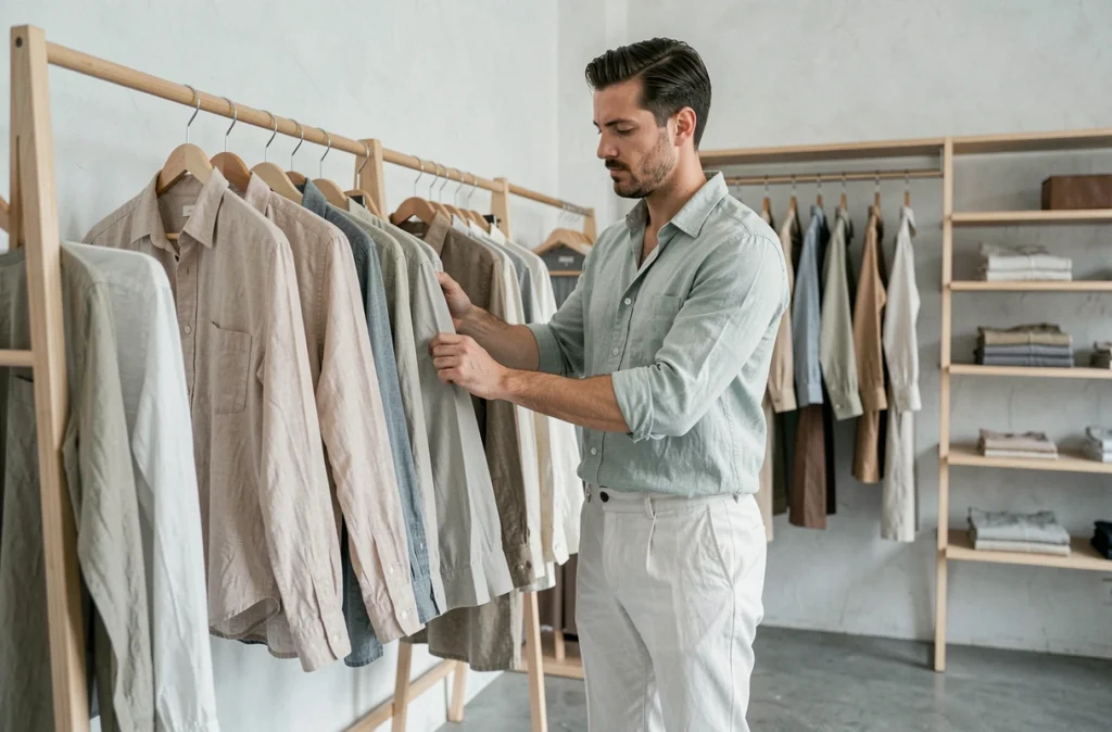 Homme en chemise lin sauge dans une boutique minimaliste, tendance dressing estival masculin