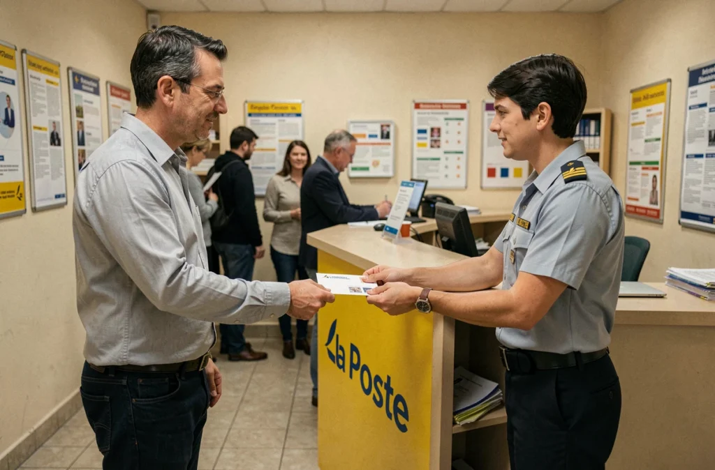 Homme déposant une lettre de changement d'adresse définitif au guichet d'un bureau de La Poste en France