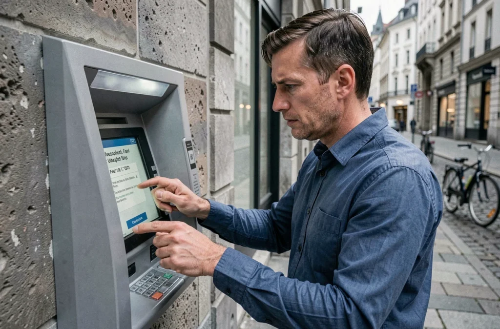 Homme consultant un distributeur automatique en ville, surpris par les frais bancaires inattendus affichés à l'écran
