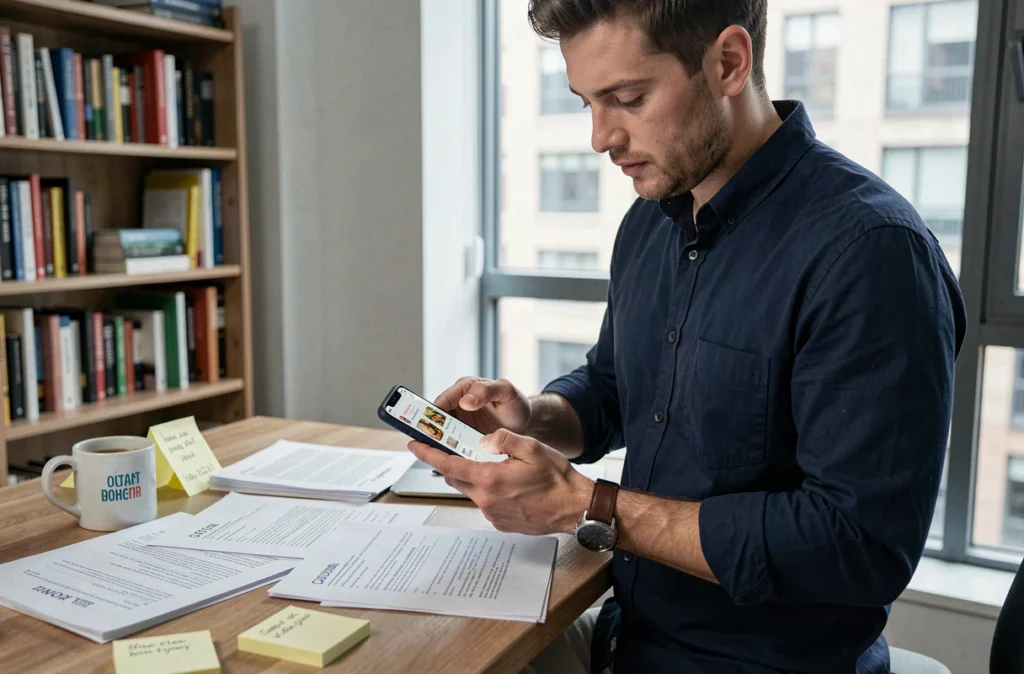 Homme consultant son dossier de commande Uber Eats sur smartphone dans un bureau à domicile pour contacter le service client