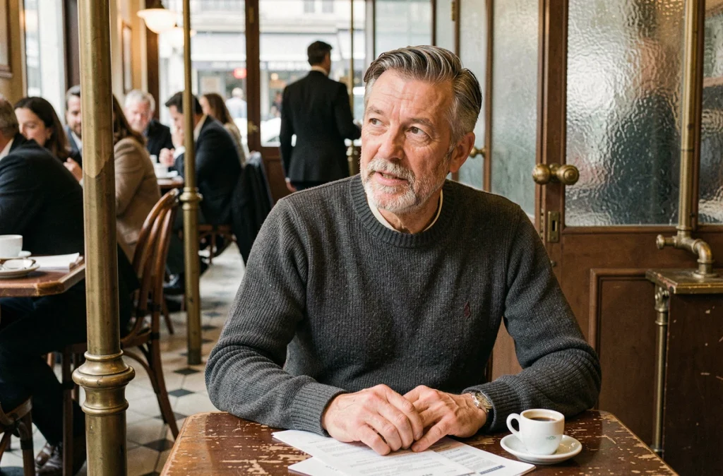 Homme intellectuel français en café parisien, portrait intimiste et journalistique d'une figure médiatique