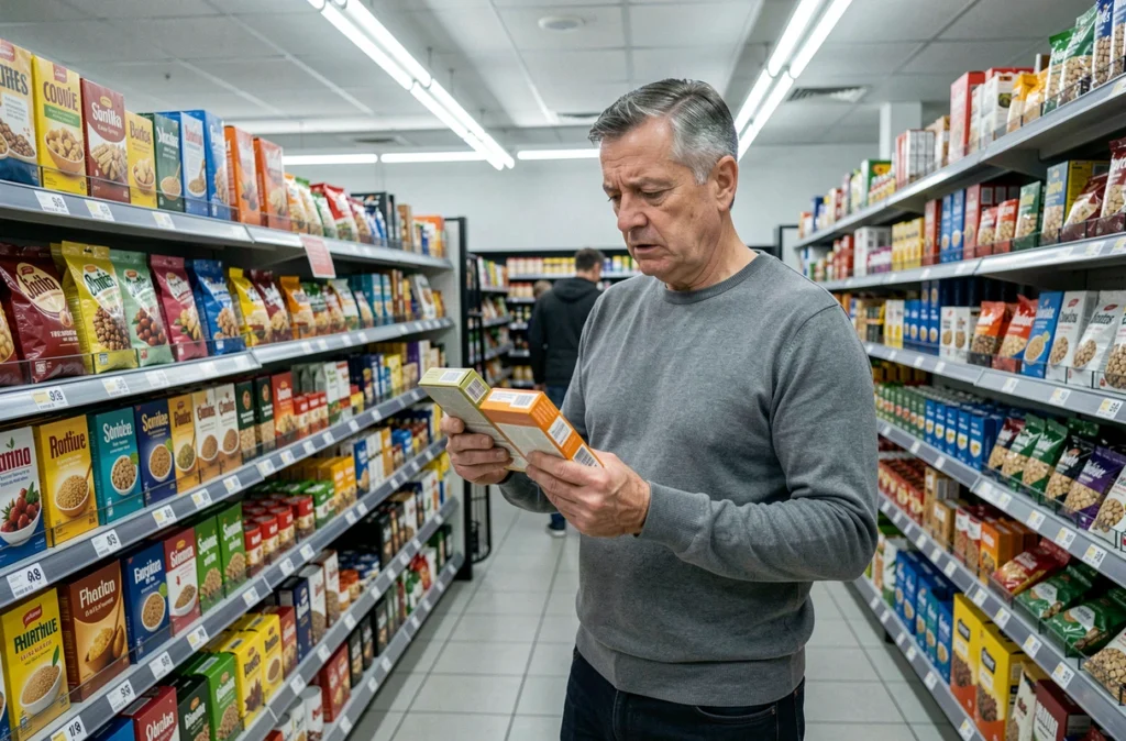 Homme français d'âge moyen comparant les prix de produits dans un supermarché face à la hausse des prix liée à l'inflation