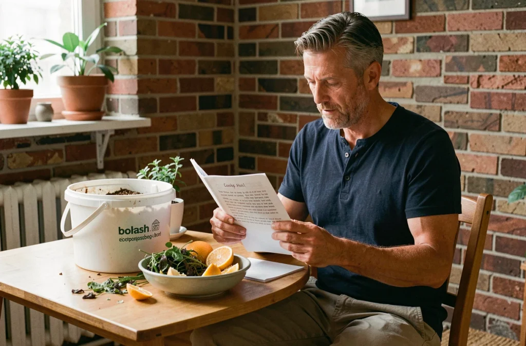 Homme consultant un guide de compostage à côté d'un seau bokashi et de déchets organiques dans un appartement