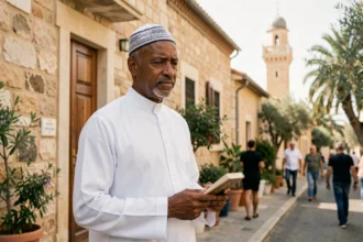 Homme en djellaba blanche devant une mosquée à Toulon consultant ses horaires de prière