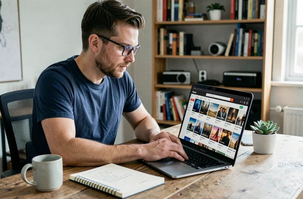 Homme en télétravail cherchant des séries sur un catalogue de streaming via son ordinateur portable dans un bureau à domicile
