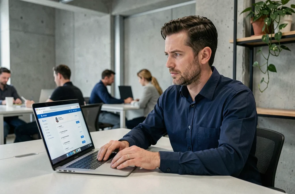 Homme recherchant le numéro 0760578066 sur internet pour vérifier s'il est dangereux pour ses données personnelles