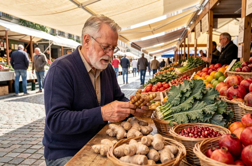 Homme senior au marché fermier inspectant du curcuma frais et des légumes anti-inflammatoires dans des paniers en osier