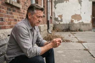Homme d'âge mûr tenant une cigarette non allumée dans une cour urbaine, illustrant les effets du tabac sur la santé