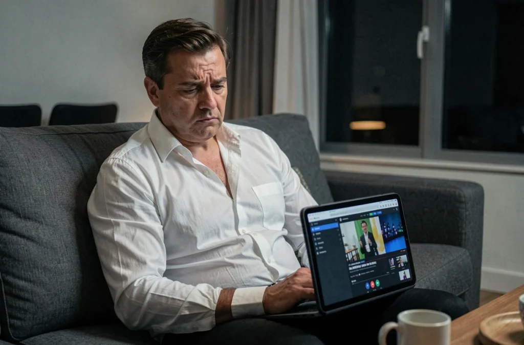 Homme épuisé regardant une tablette le soir sur son canapé, illustrant les effets des écrans sur la qualité du sommeil des adultes