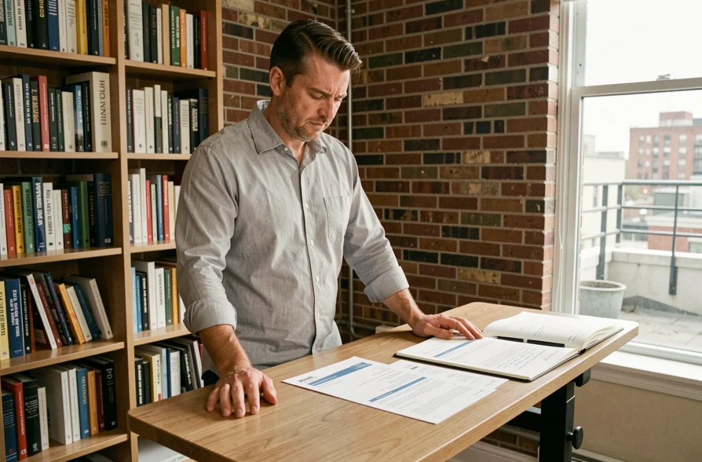 Homme en télétravail relisant des formules de conclusion d'e-mail professionnelles dans un bureau à domicile