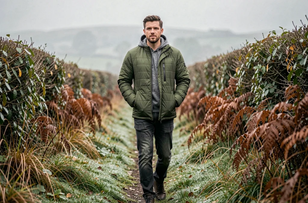 Homme en veste matelassée verte marchant sur un sentier de campagne brumeux à l'automne
