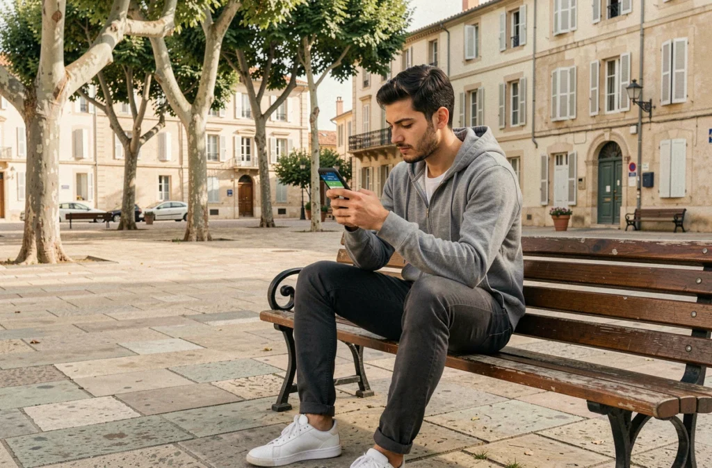 Jeune musulman consultant les horaires de prière du vendredi sur son téléphone dans une place publique à Toulon