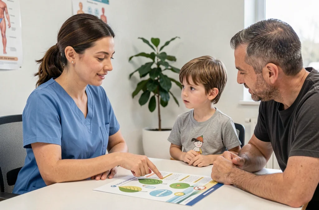 Infirmière pédiatrique expliquant les conseils d'hydratation à un enfant et son père en consultation