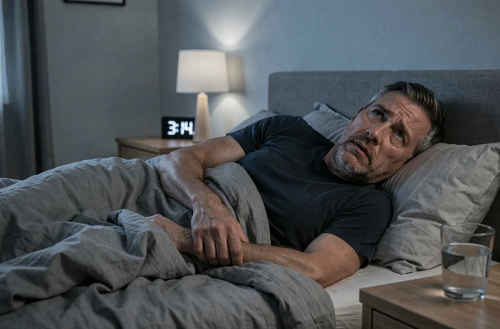 Homme insomniaque allongé dans son lit la nuit, illustrant les troubles du sommeil causés par le stress chronique et leurs effets sur le système immunitaire